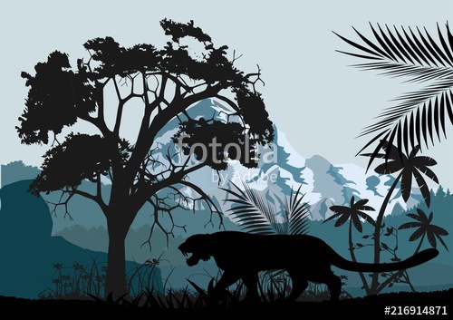 500x353 Jungle Trees, Grass, Plants And Leopard's Silhouette, Wildlife