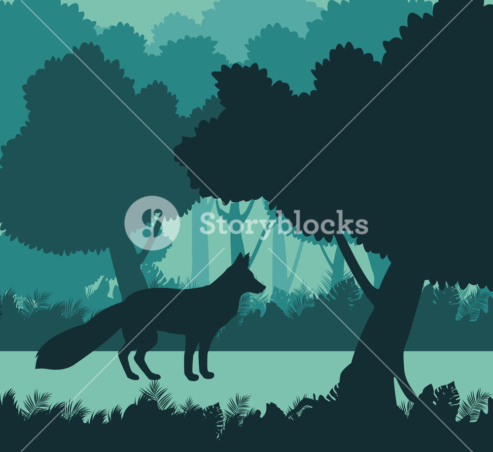 1000x916 Fox In The Jungle Blue Silhouette Vector Illustration Graphic