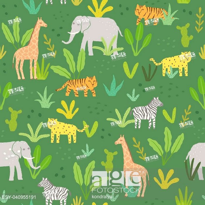701x700 Cute Animals In A Jungle Vector Seamless Pattern, Stock Vector