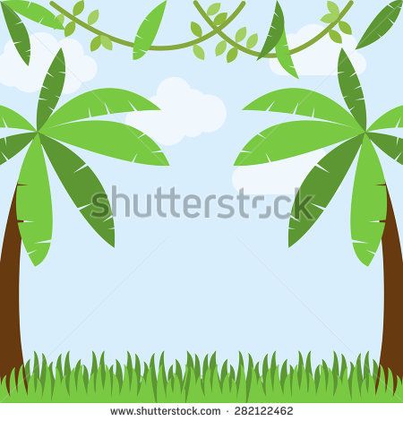 450x470 Vector Jungle Background With Palm Trees, Grass, Sky, Clouds