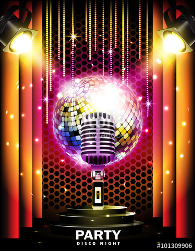 389x500 Stage With Podium,retro Microphone, Disco Ball And Spotlights