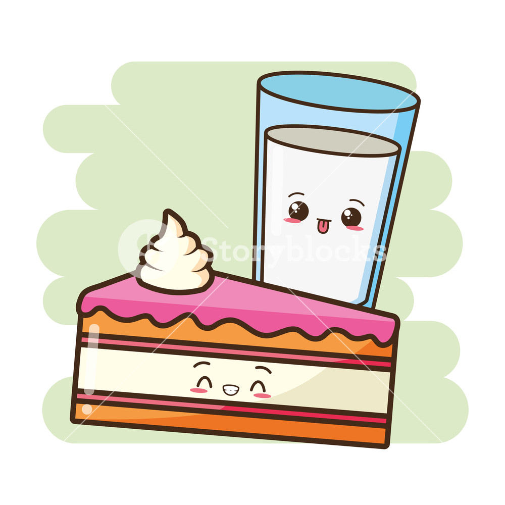 1000x1000 Kawaii Milk And Cake Fast Food Vector Illustration Royalty Free