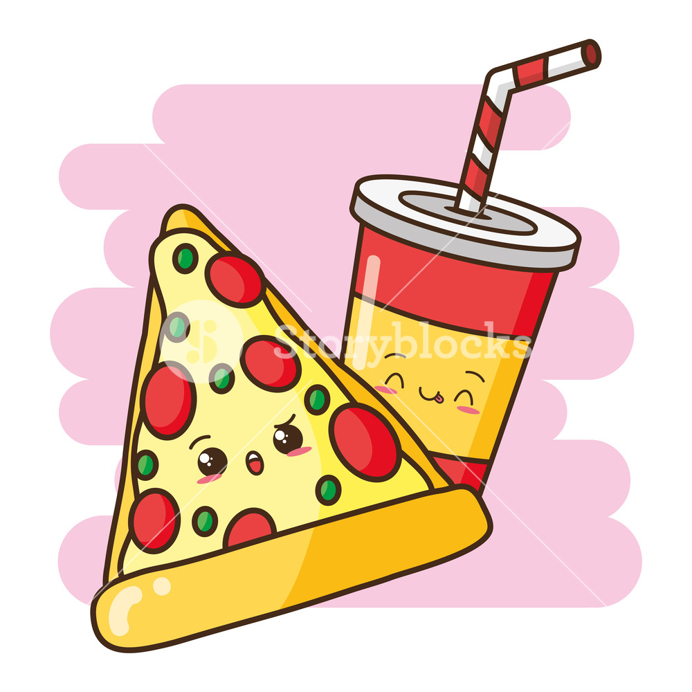 1000x1000 Kawaii Pizza And Soda Fast Food Vector Illustration Royalty Free