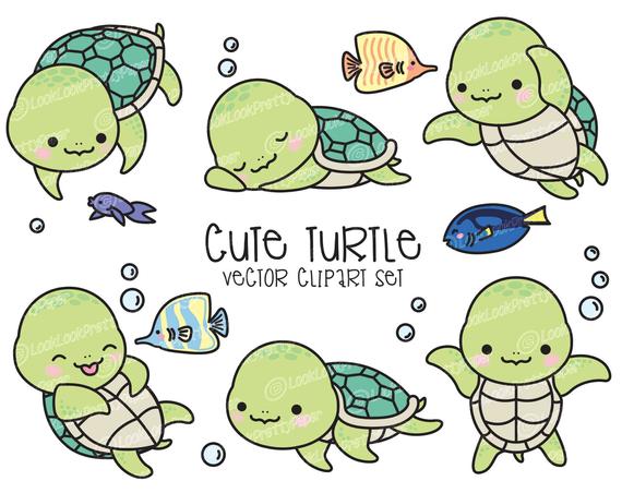 570x452 Premium Vector Clipart Kawaii Turtle Cute Turtle Clipart Etsy