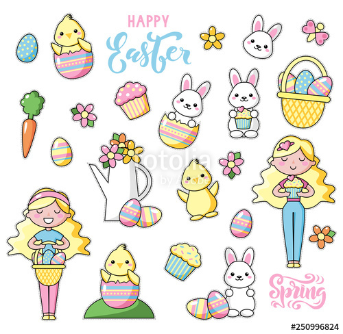 500x488 Set Of Cute Kawaii Easter Cartoon Characters With Lettering