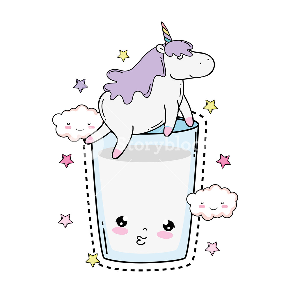 1000x1000 Cute Unicorn With Milk Glass Kawaii Vector Illustration Design