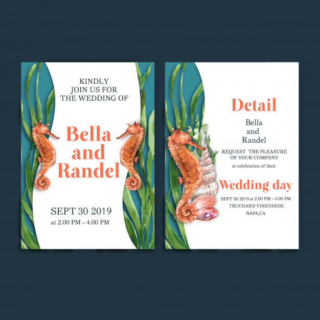626x626 Wedding Invitation Watercolor With Seahorse With Kelp Concept