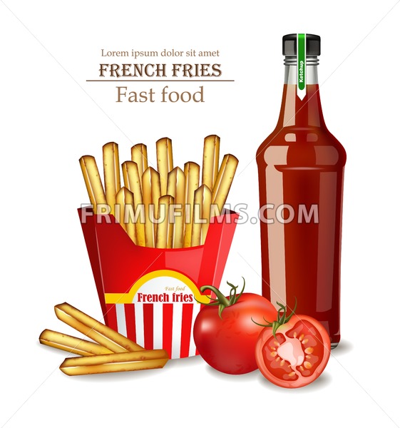 French Fries And Ketchup Bottle Vector Realistic Illustration 561x600 French Fries And Ketchup Bottle Vector Realistic Illustration
