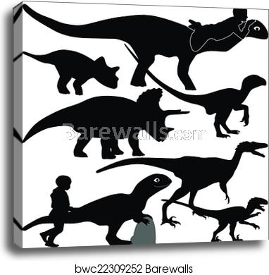 382x390 Dinosaur And Kid Silhouette Vector, Canvas Print Barewalls