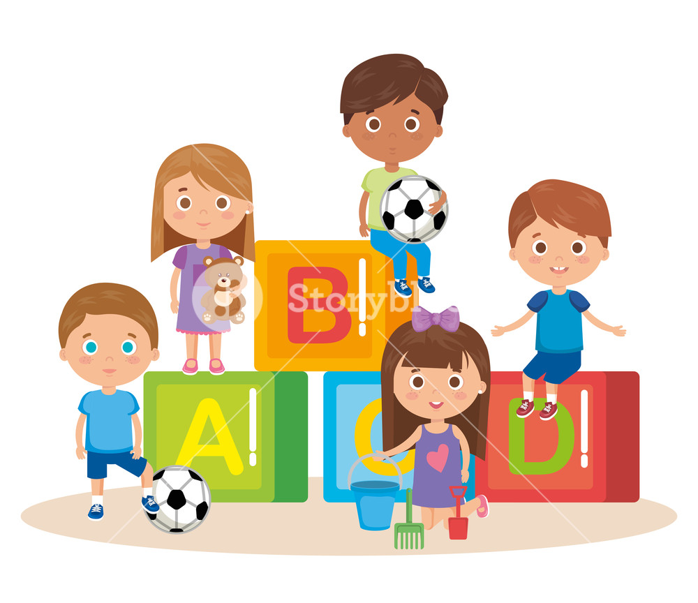 Group Of Little Kids Playing With Blocks Vector Illustration 1000x864 Group Of Little Kids Playing With Blocks Vector Illustration