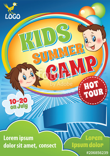 354x500 Kid Summer Camp Template, Event Invitation, Festival Flyer, Vector