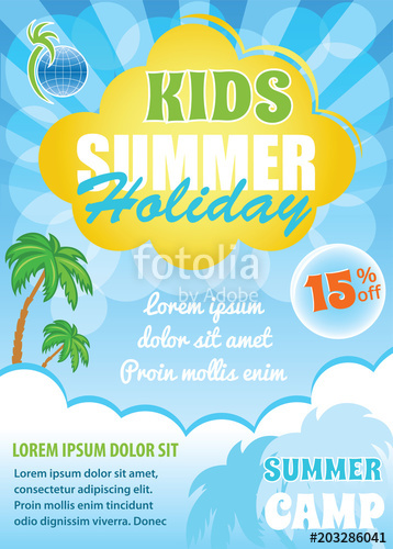 358x500 Kids Summer Holiday Flyer, Blue Background, Vector Template Stock