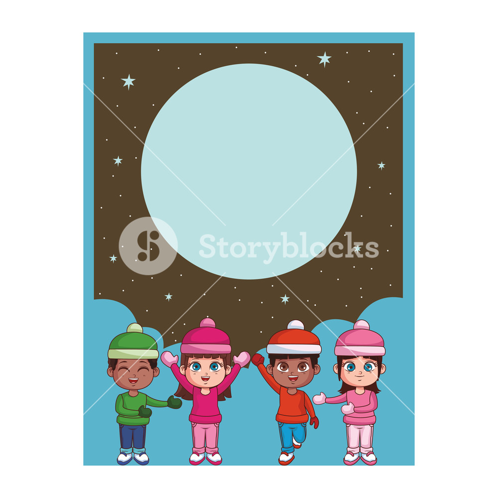 1000x1000 Happy Kids With Winter Clothes Card With Round Blank Frame Vector