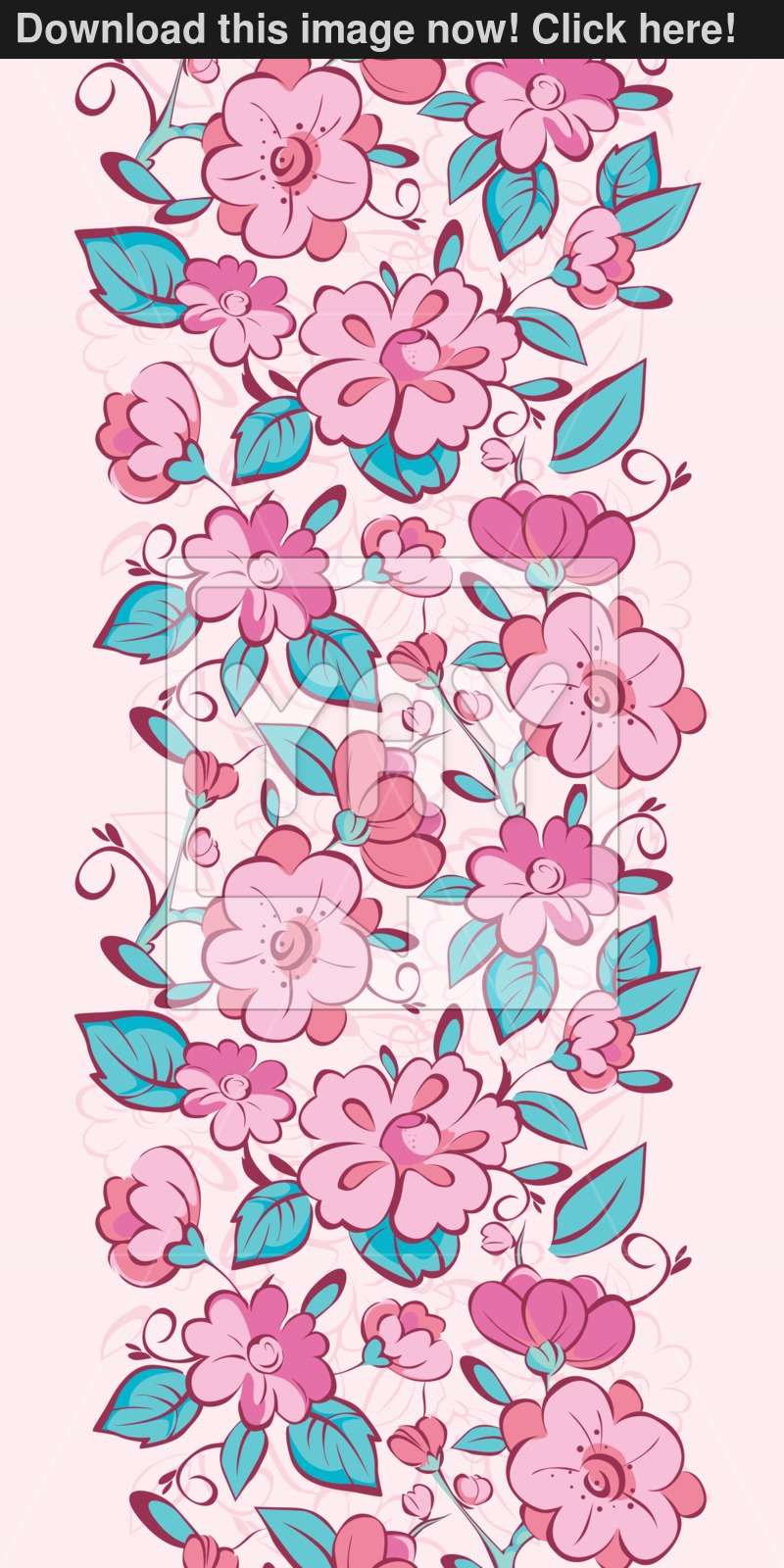 800x1600 Vector Pink Blue Kimono Flowers Vertical Border Seamless Pattern