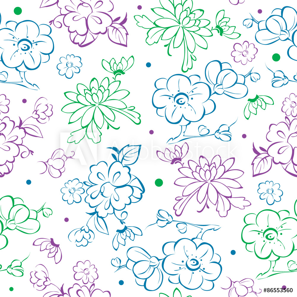 1000x1000 Fotografie, Obraz Vector Blue Purple Green Kimono Flowers Drawing