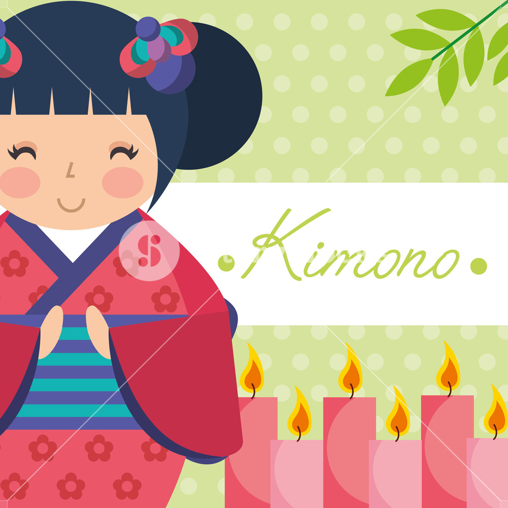 1000x1000 Kokeshi Japanese National Doll In A Floral Kimono Vector