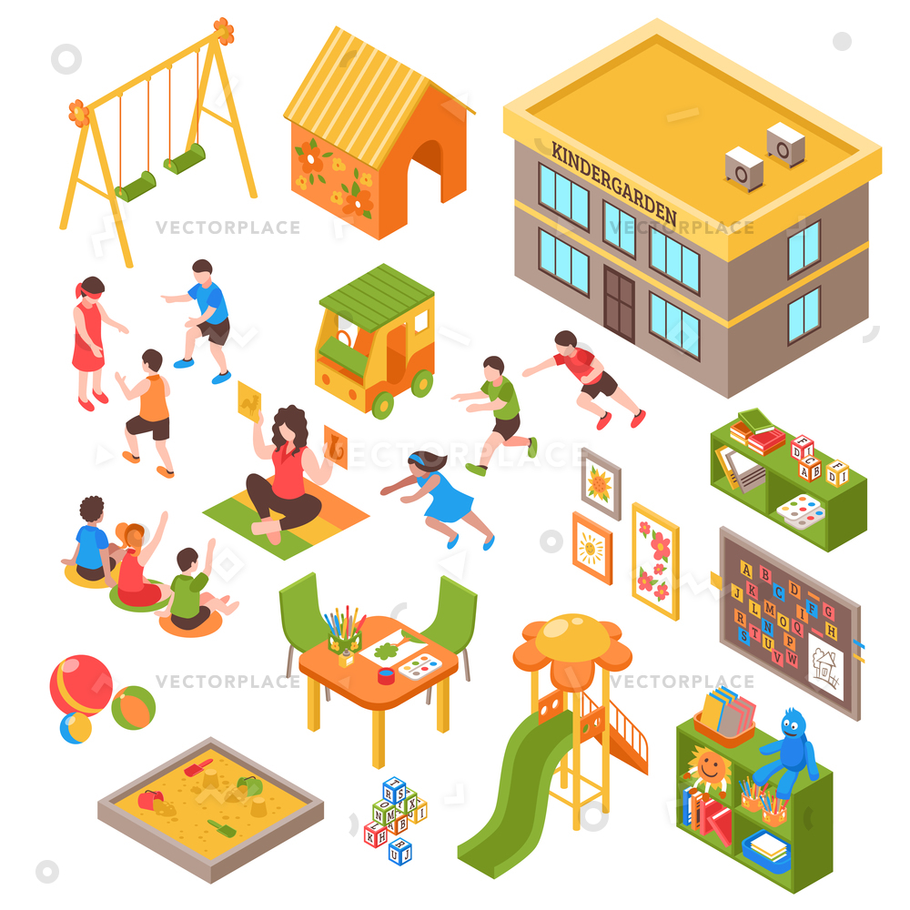 1000x1000 Isometric Kindergarten Set Isolated Playground Elements Vector