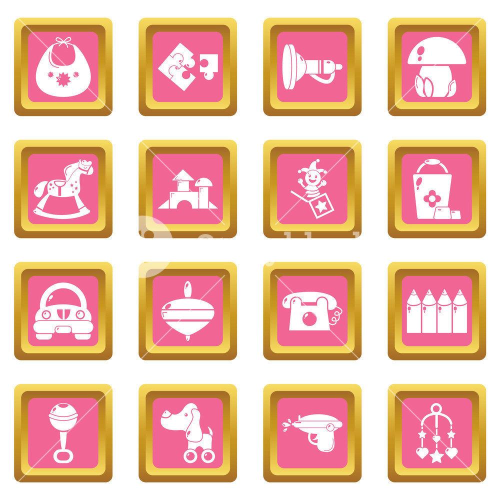 1000x1000 Kindergarten Tools Icons Set Vector Pink Square Isolated On White