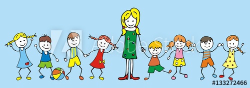500x177 Teacher And Children, Kindergarten, Blue Background,vector
