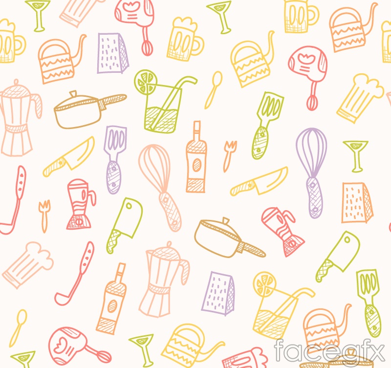800x753 Painted Kitchen Supplies Seamless Vector Background Illustration