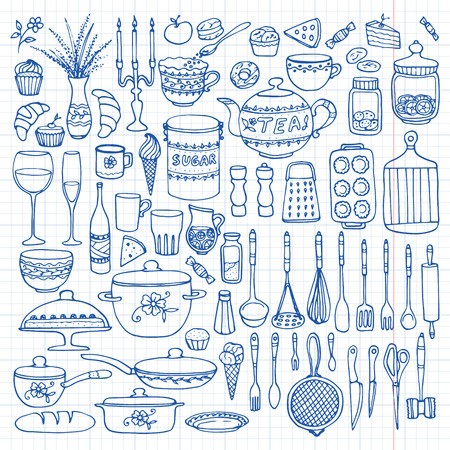 450x450 Set Of Hand Drawn Cookware On The Lined Paper Kitchen Background