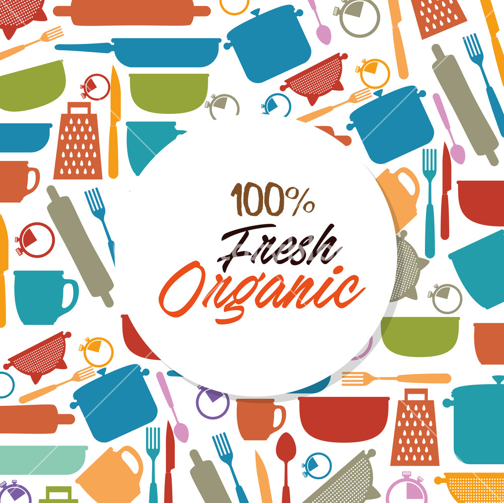 1000x998 Organic Label With Kitchen Utensils Pattern Background Vector