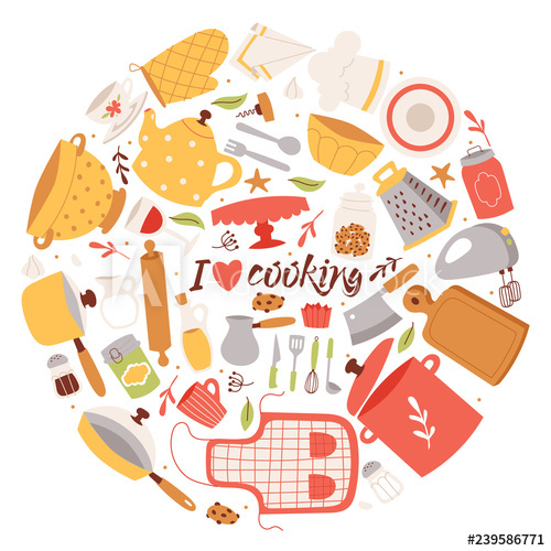 500x500 Cooking Ingredients And Utensils Background Vector Illustration