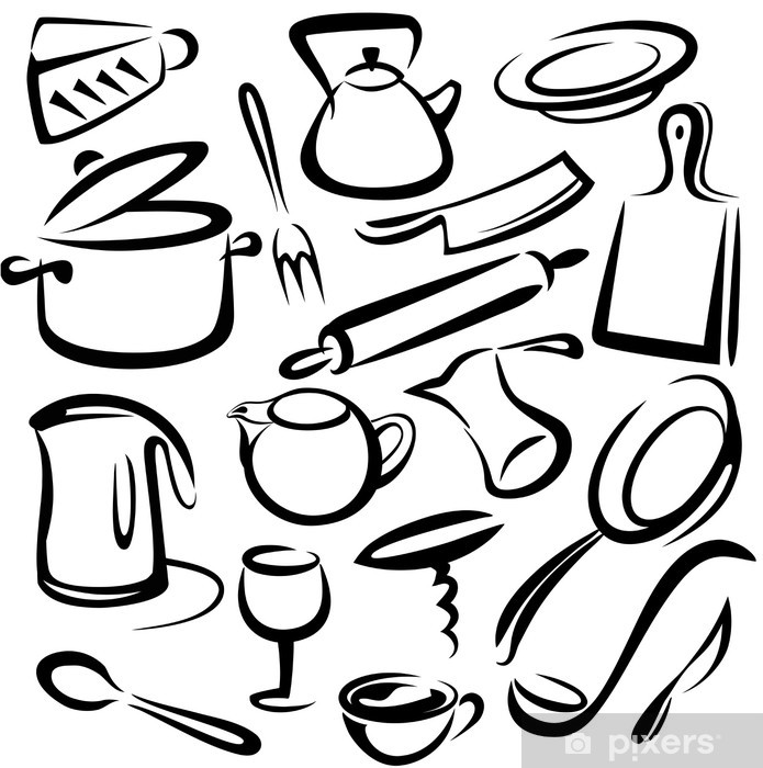 Big Set Of Kitchen Tools, Vector Sketch Wall Mural 695x700 Big Set Of Kitchen Tools, Vector Sketch Wall Mural