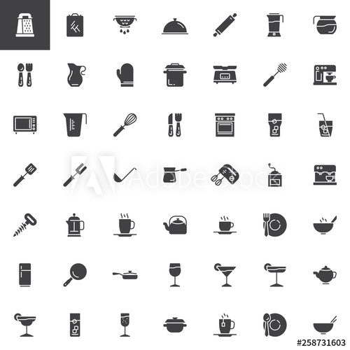 500x500 Kitchen Utensils Vector Icons Set, Modern Solid Symbol Collection