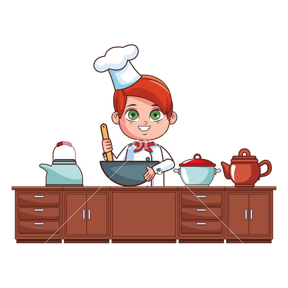1000x1000 Chef Boy With Spoon Cartoon Cooking In The Kitchen Vector