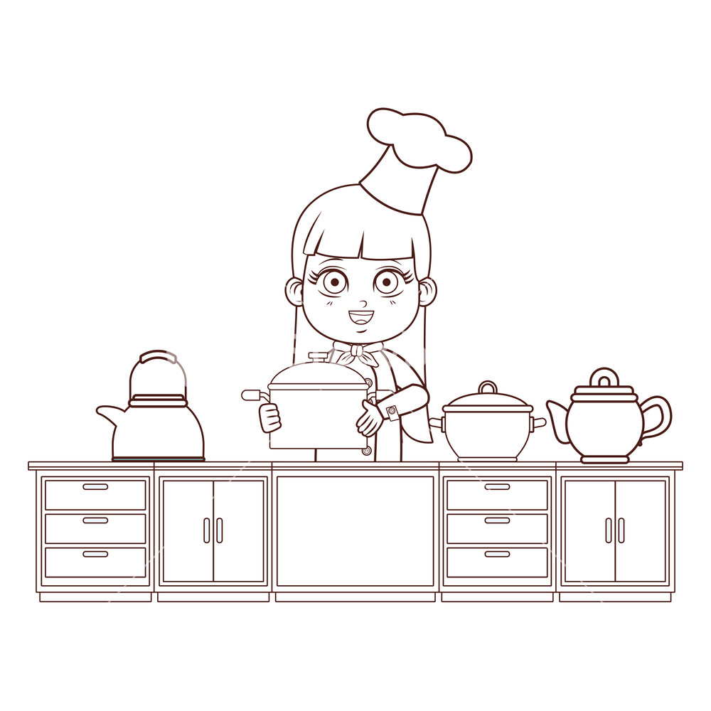 1000x1000 Chef Girl With Pot Cartoon Cooking In The Kitchen Vector