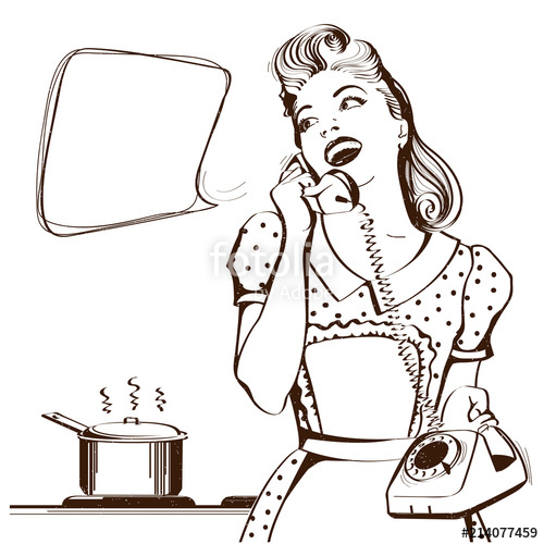 500x500 Retro Young Woman Talking On Phone In Her Kitchen Vector Graphic