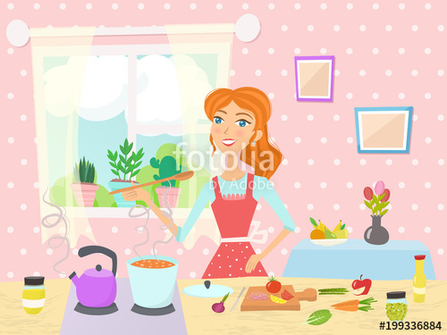 500x375 Cooking Woman In Kitchen Vector Illustration Stock Image