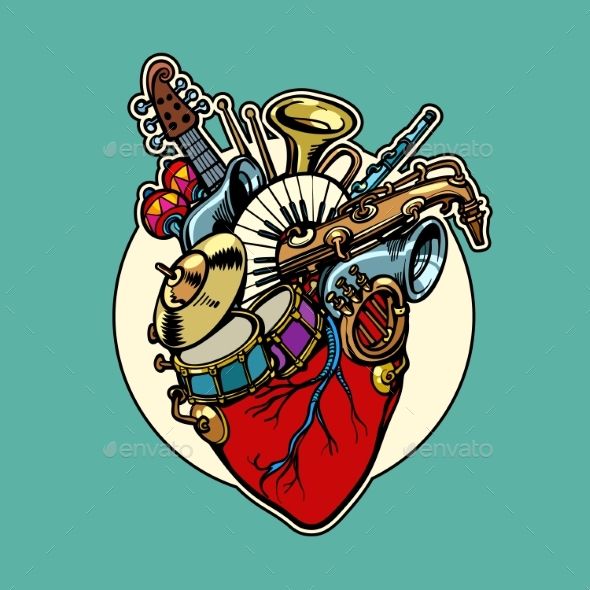 590x590 Music Education, Heart Love Instruments Comic Cartoon Pop Art