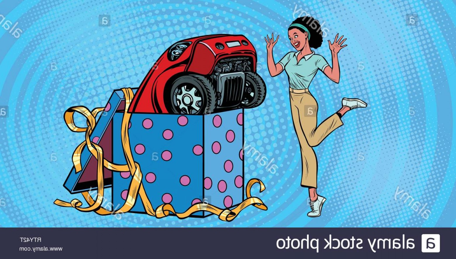 1560x888 Car Holiday Gift Box African Woman Funny Reaction Joy Pop Art. 