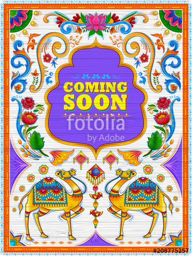 375x500 Colorful Coming Soon Banner In Truck Art Kitsch Style Of India