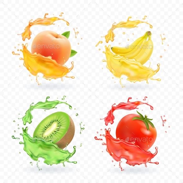 590x590 Kiwi Fruit, Banana, Tomato And Peach Apricot Juice Vectors