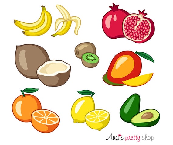 570x477 Tropical Fruits Clipart Banana Coconut Kiwi Fruit Orange Etsy