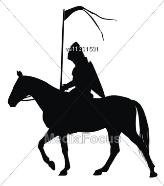 335x380 Medieval Knight Flag On Horseback Detailed Vector Silhouette