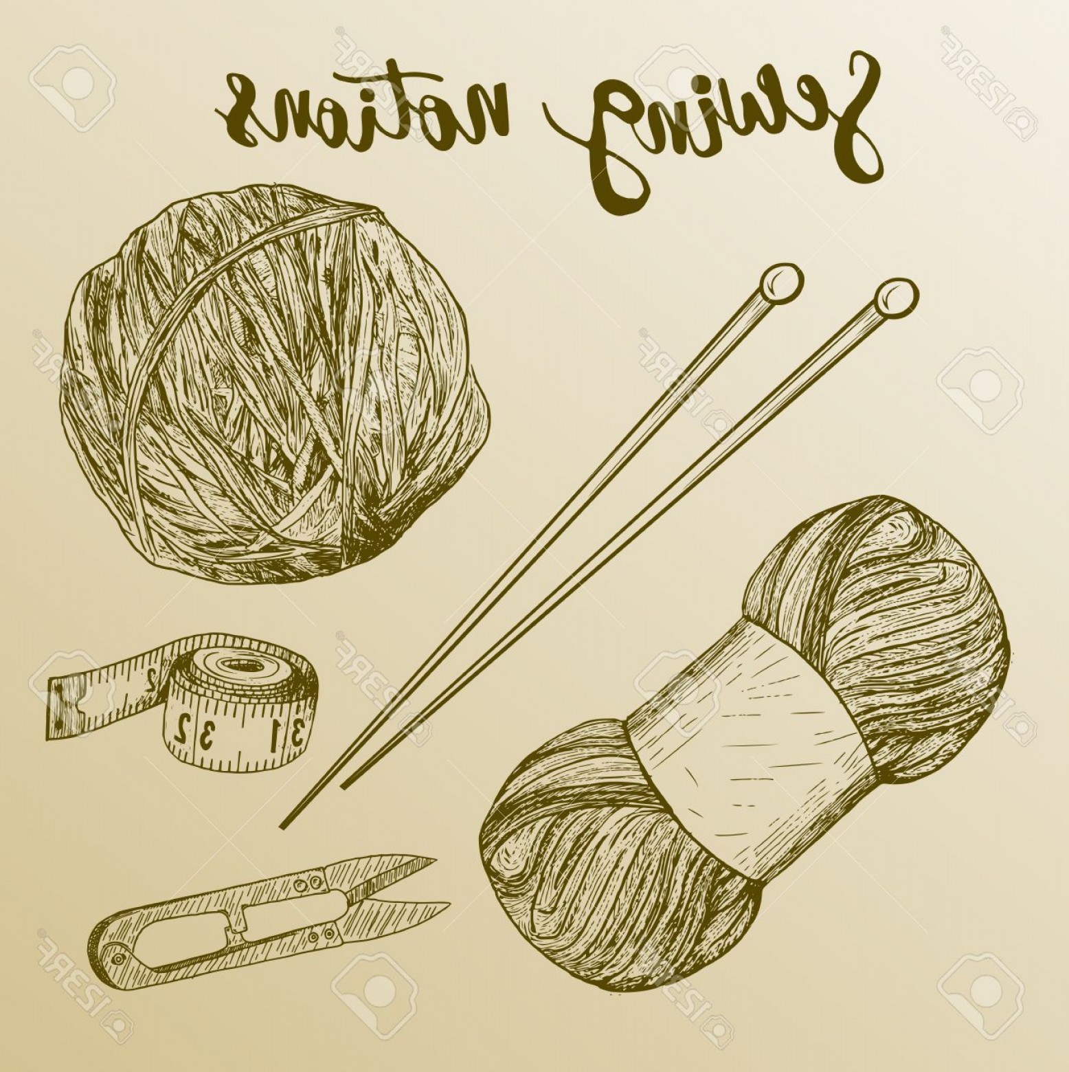 1556x1560 Photostock Vector Sewing Notions Hand Drawn Thread Needle Scissors