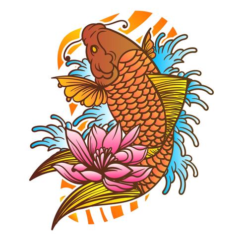 Traditional Japanese Koi Fish Tattoo With Wave And Flower 490x490 Traditional Japanese Koi Fish Tattoo With Wave And Flower