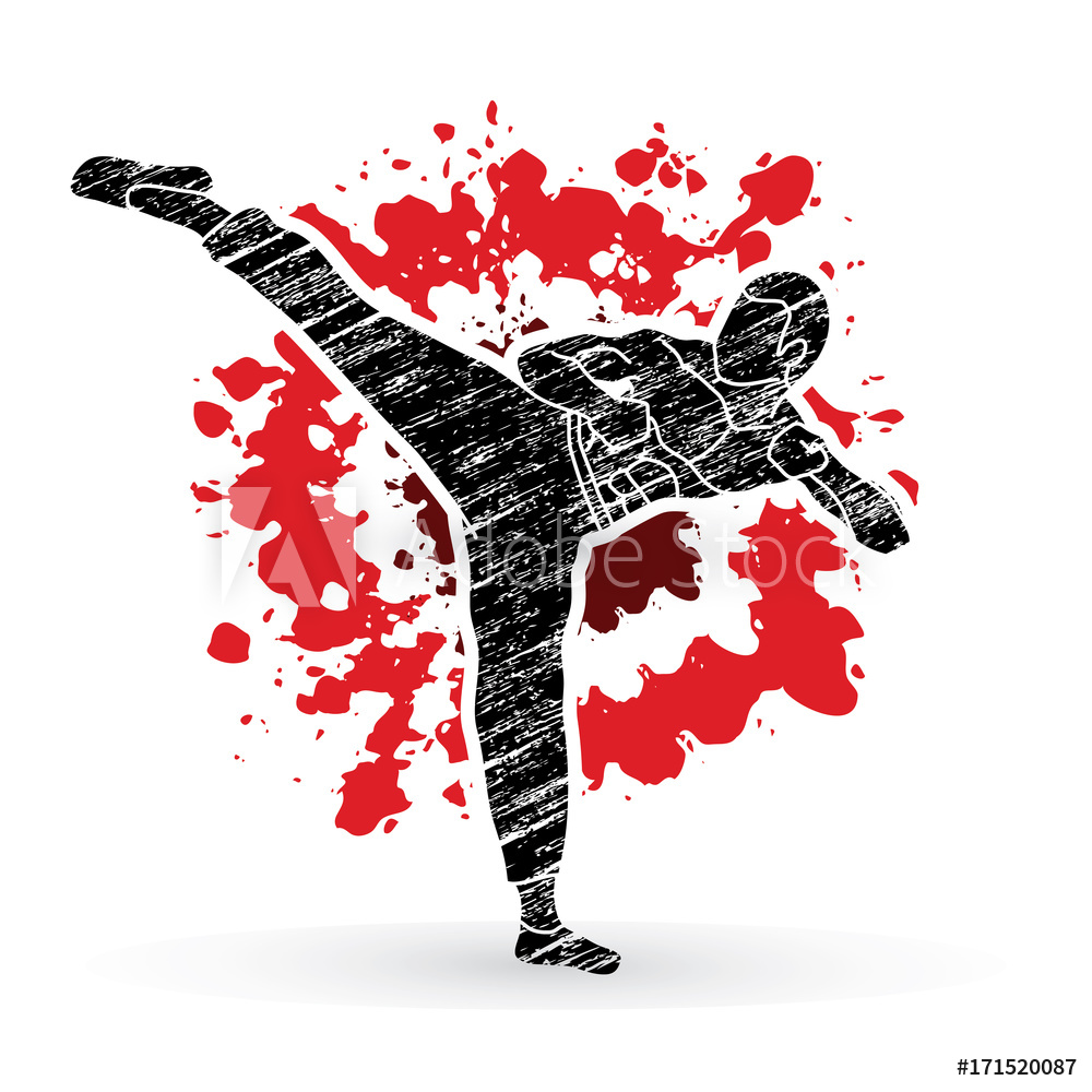 1000x1000 Fotografie, Obraz Kung Fu, Karate Kick Designed On Splatter Blood