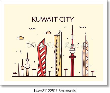 435x370 Kuwait City Skyline Silhouette Vector Linear Style, Art Print