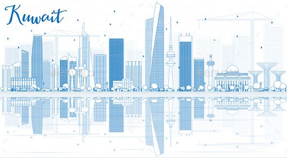 590x326 Outline Kuwait City Skyline With Blue Buildings And Reflections