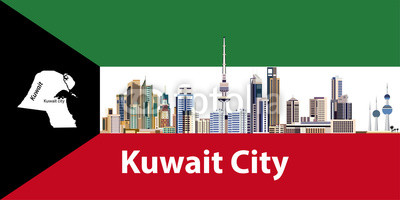 400x200 Vector Illustration Of Kuwait City Skyline With Flag And Map