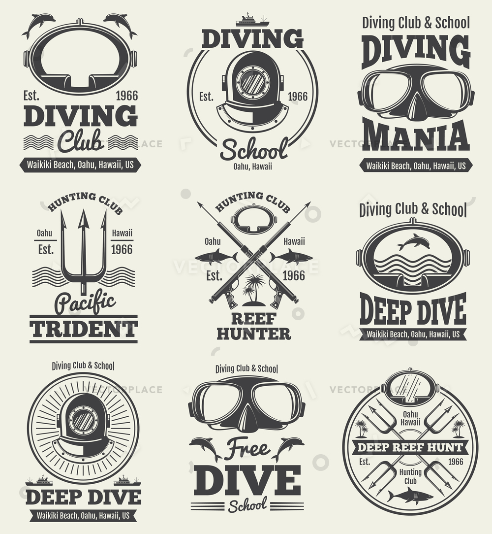 1000x1084 Scuba Diving Vintage Labels Spearfishing Retro Vector Illustration