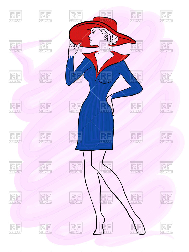 750x1000 Attractive Slender Fashion Woman In Blue Dress And Red Wide