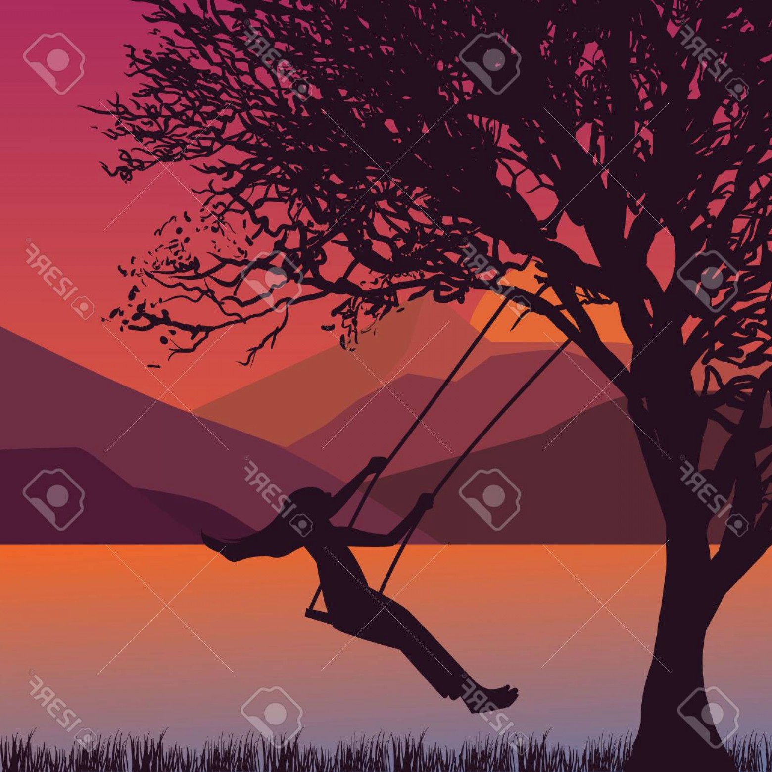 1560x1560 Photostock Vector Girl Swing In Tree Near Lake During Sunset Enjoy