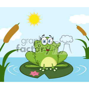 300x300 Smiling Frog Female Cartoon Mascot Character Perched On A Pond