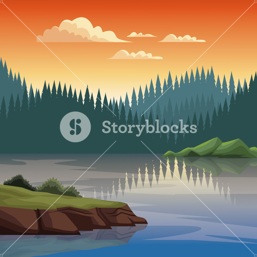 1000x1000 Beautiful Nature Landscape With Lake Vector Illustration Graphic